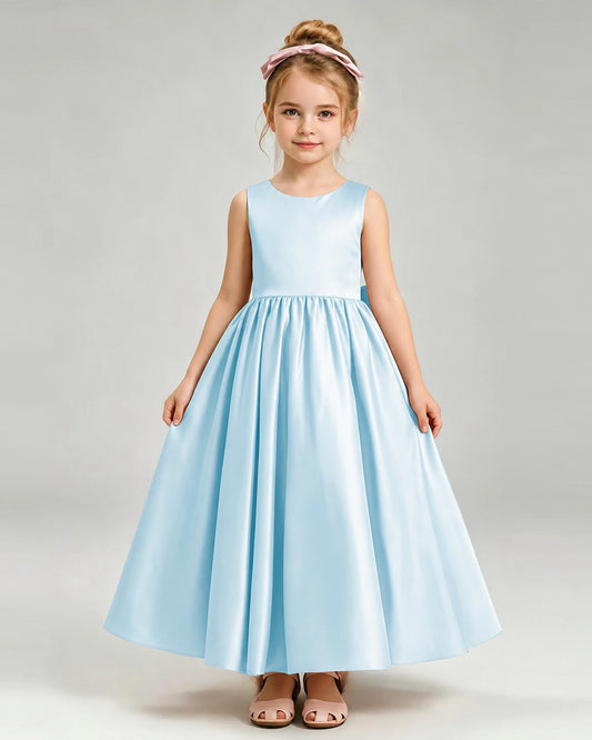 Baby Blue Satin A-line Flower Girl Dress Front View