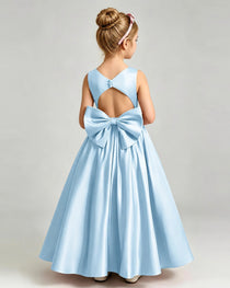Baby Blue Flower Girl Dress Cutout Back Oversized Satin Bow A-Line Floor-Length Gown Back Full View