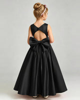 Black Satin A-line Flower Girl Dress Back View