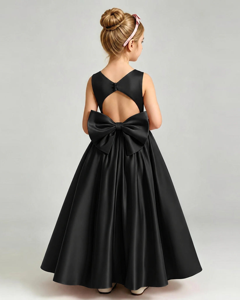 Black Satin A-line Flower Girl Dress Back View