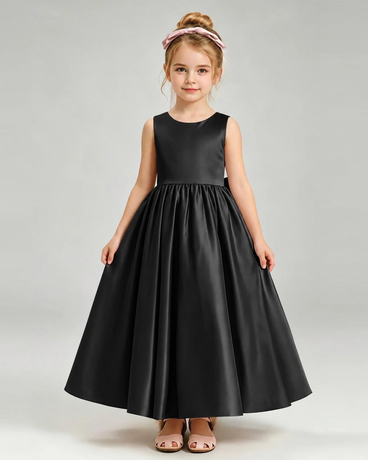 Black Flower Girl Dress Cutout Back Oversized Satin Bow A-Line Floor-Length Gown Front Full View