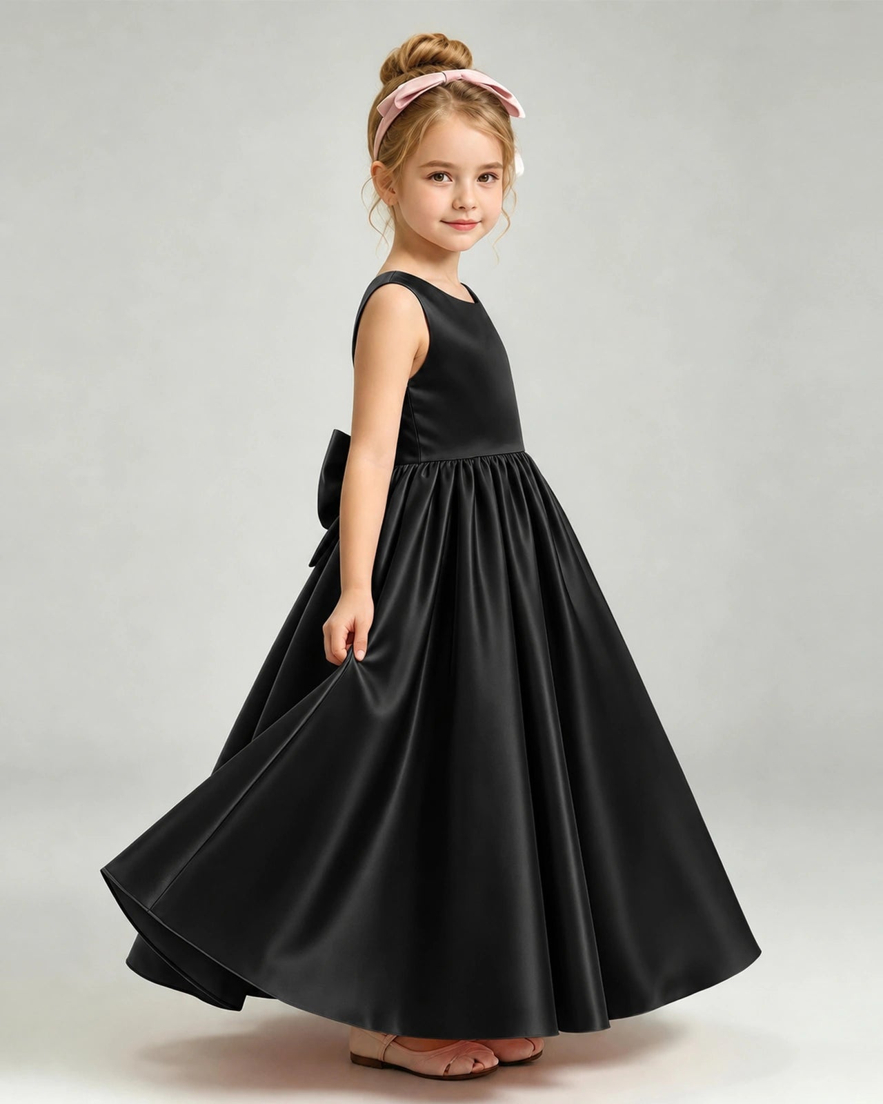 Black Flower Girl Dress Cutout Back Oversized Satin Bow A-Line Floor-Length Gown Side Full View