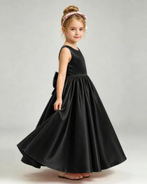 Black Flower Girl Dress Cutout Back Oversized Satin Bow A-Line Floor-Length Gown Side Full View