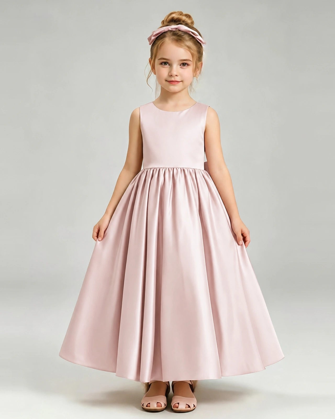 Blush Pink Flower Girl Dress Cutout Back Oversized Satin Bow A-Line Floor-Length Gown Front Full View