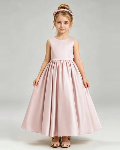 Blush Pink Flower Girl Dress Cutout Back Oversized Satin Bow A-Line Floor-Length Gown Front Full View