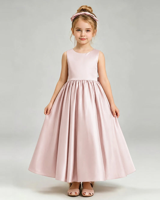 Blush Pink Satin A-line Flower Girl Dress Front View