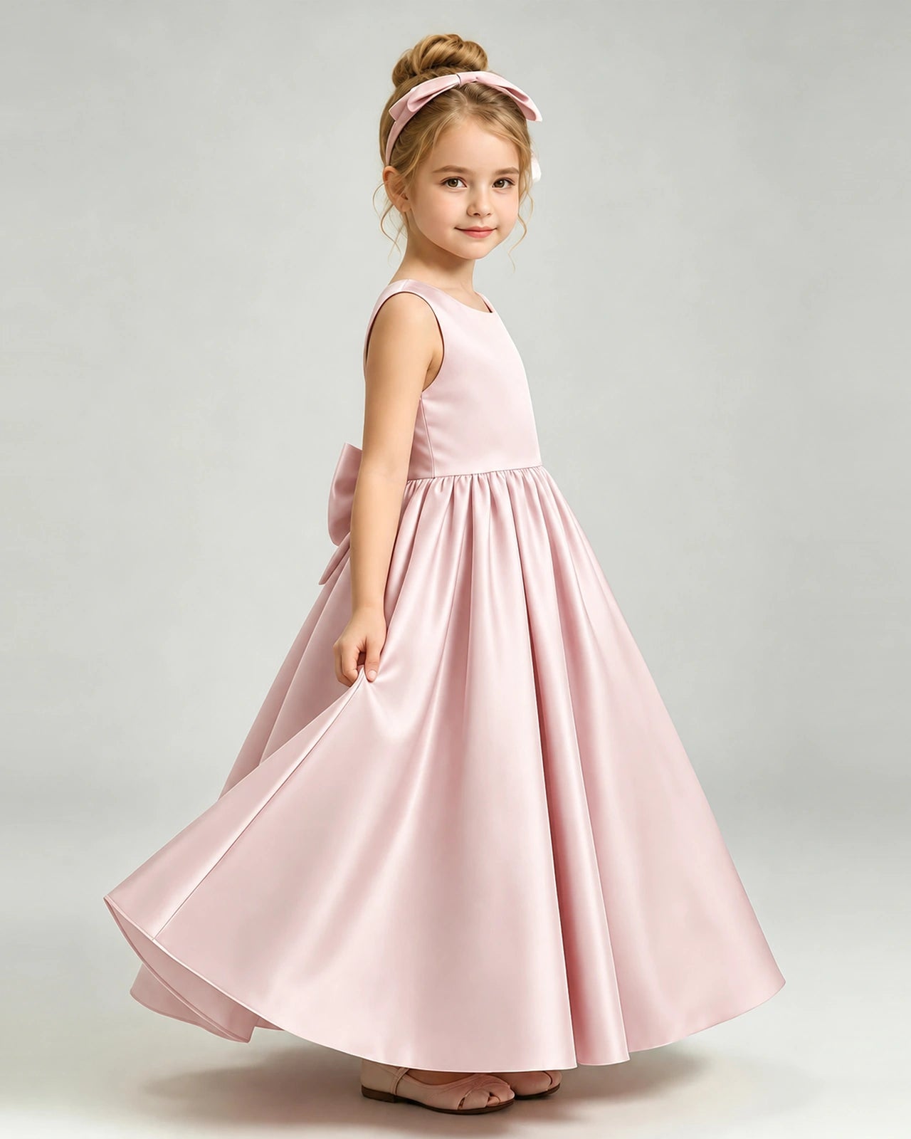 Blush Pink Flower Girl Dress Cutout Back Oversized Satin Bow A-Line Floor-Length Gown Side Full View