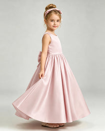Blush Pink Flower Girl Dress Cutout Back Oversized Satin Bow A-Line Floor-Length Gown Side Full View