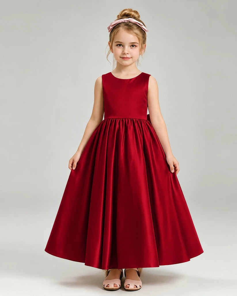 Burgundy Satin A-line Flower Girl Dress Front View