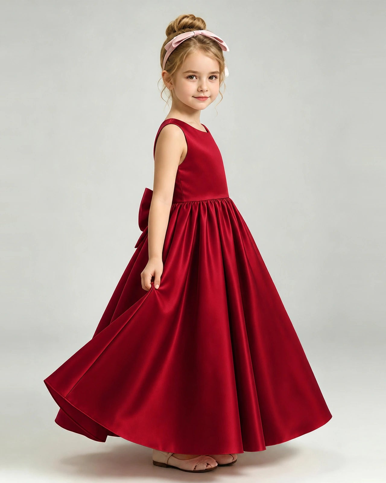 Burgundy Flower Girl Dress Cutout Back Oversized Satin Bow A-Line Floor-Length Gown Side Full View