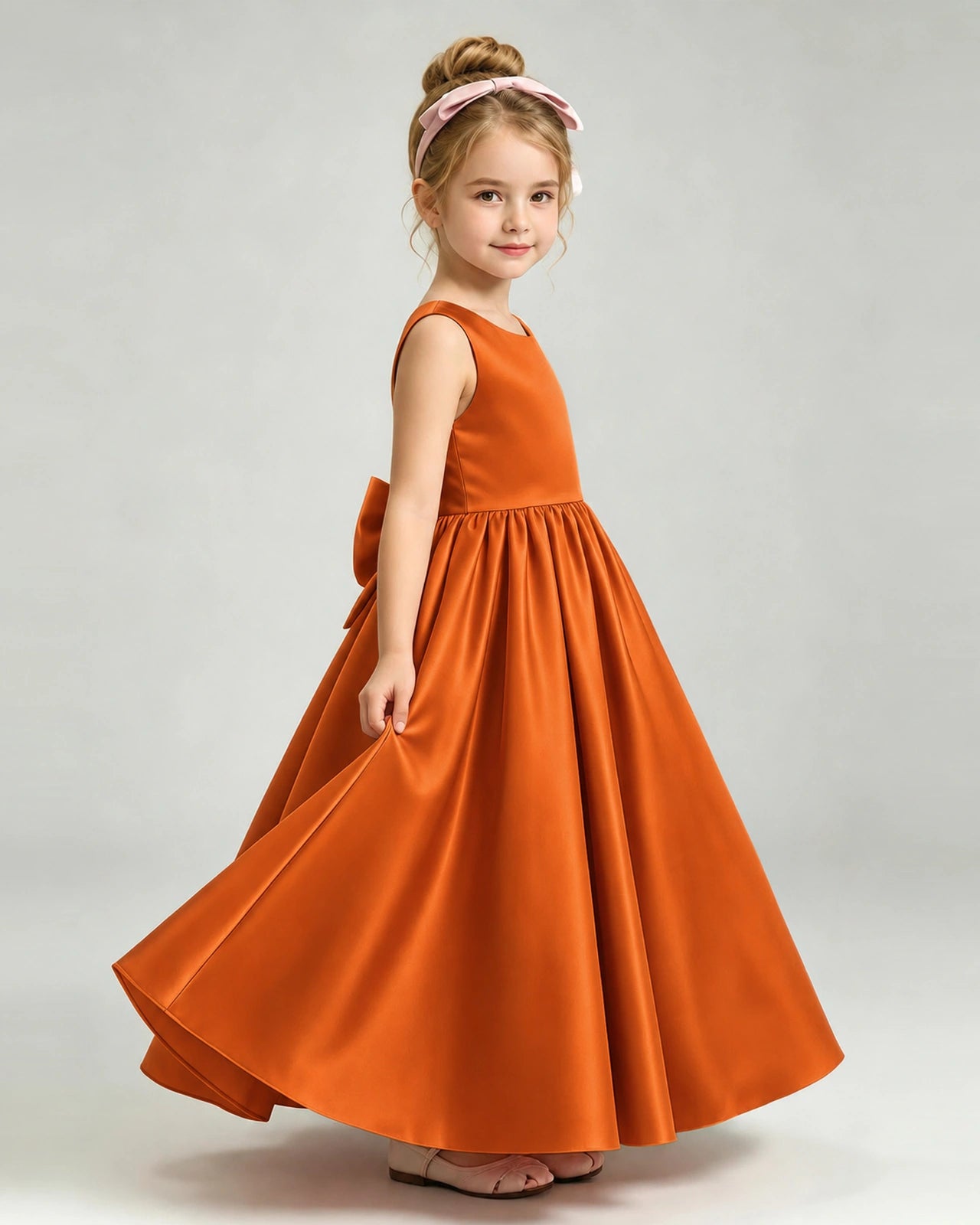 Burnt Orange Flower Girl Dress Cutout Back Oversized Satin Bow A-Line Floor-Length Gown Side Full View