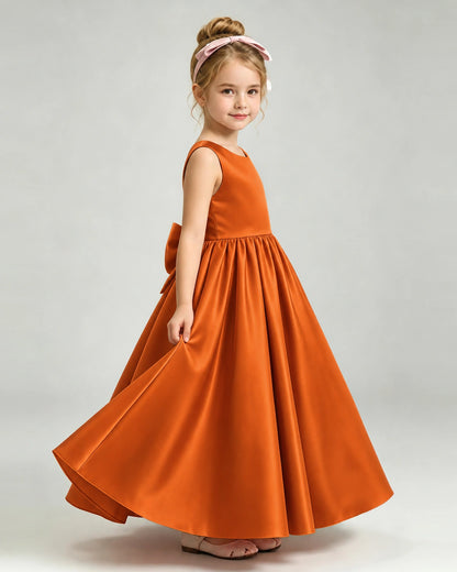Burnt Orange Flower Girl Dress Cutout Back Oversized Satin Bow A-Line Floor-Length Gown Side Full View