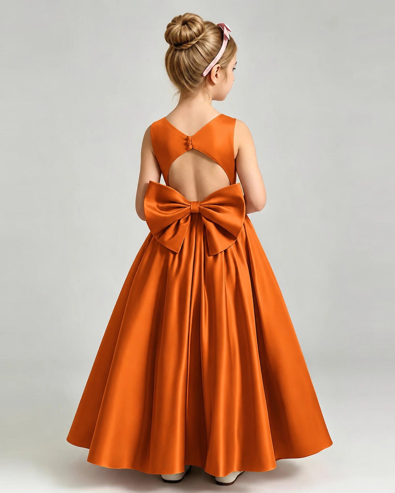 Burnt Orange Flower Girl Dress Cutout Back Oversized Satin Bow A-Line Floor-Length Gown Back Full View