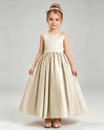 Champagne Flower Girl Dress Cutout Back Oversized Satin Bow A-Line Floor-Length Gown Front Full View