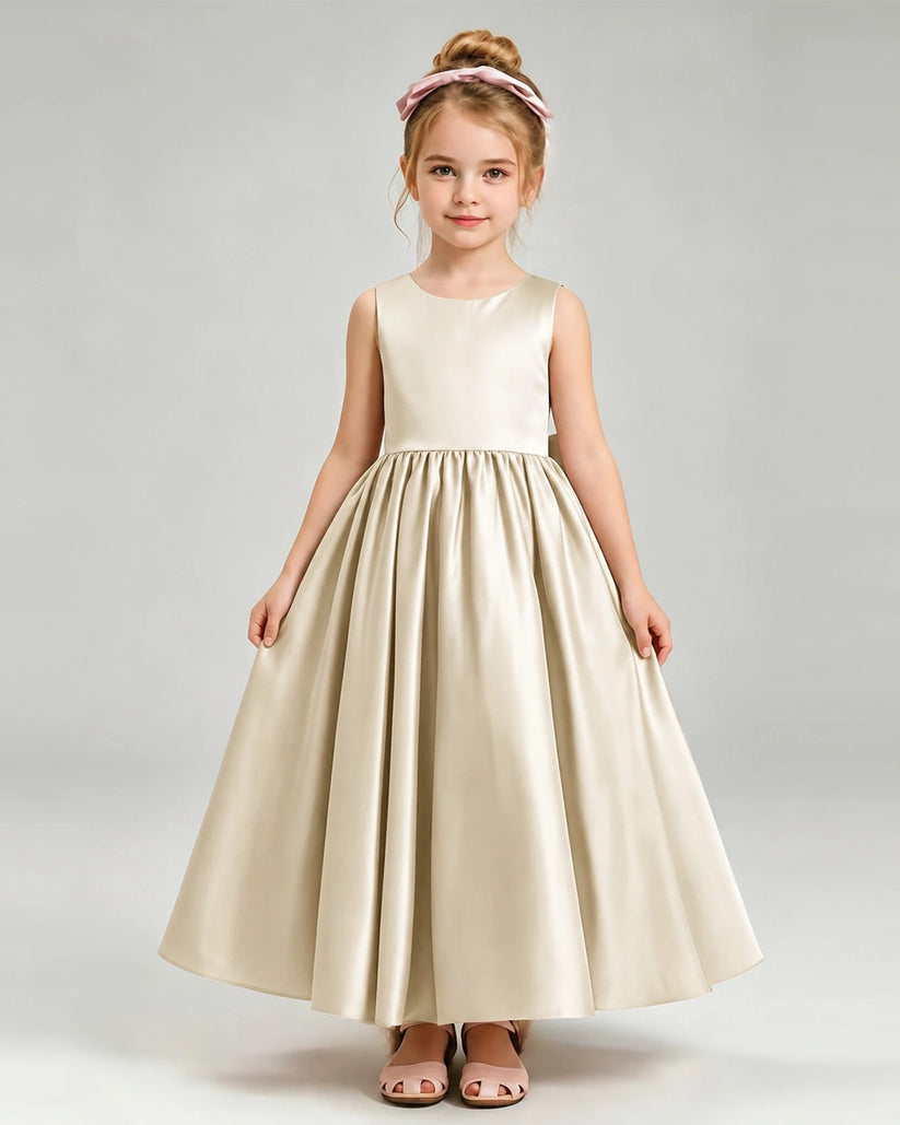 Champagne Satin A-line Flower Girl Dress Front View