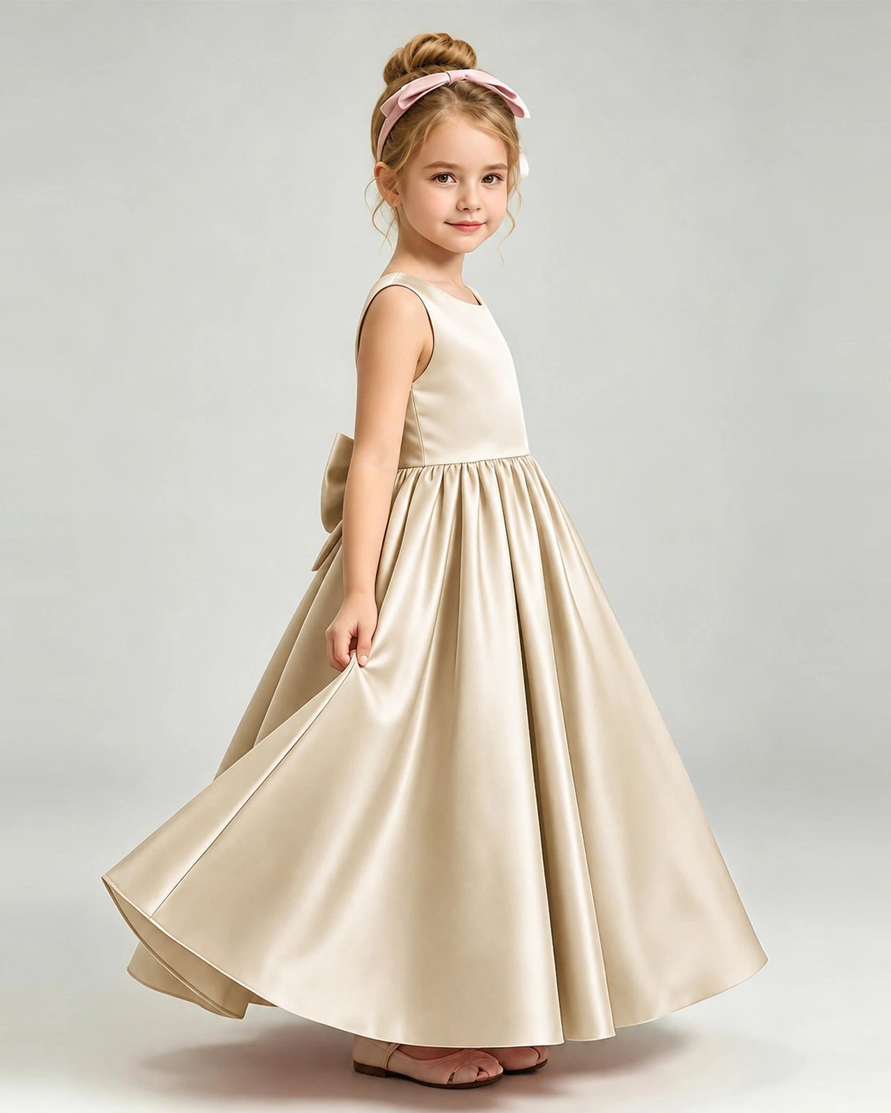 Champagne Flower Girl Dress Cutout Back Oversized Satin Bow A-Line Floor-Length Gown Side Full View