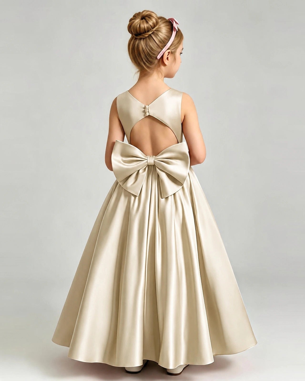 Champagne Flower Girl Dress Cutout Back Oversized Satin Bow A-Line Floor-Length Gown Back Full View