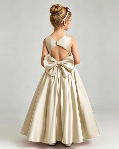 Champagne Flower Girl Dress Cutout Back Oversized Satin Bow A-Line Floor-Length Gown Back Full View
