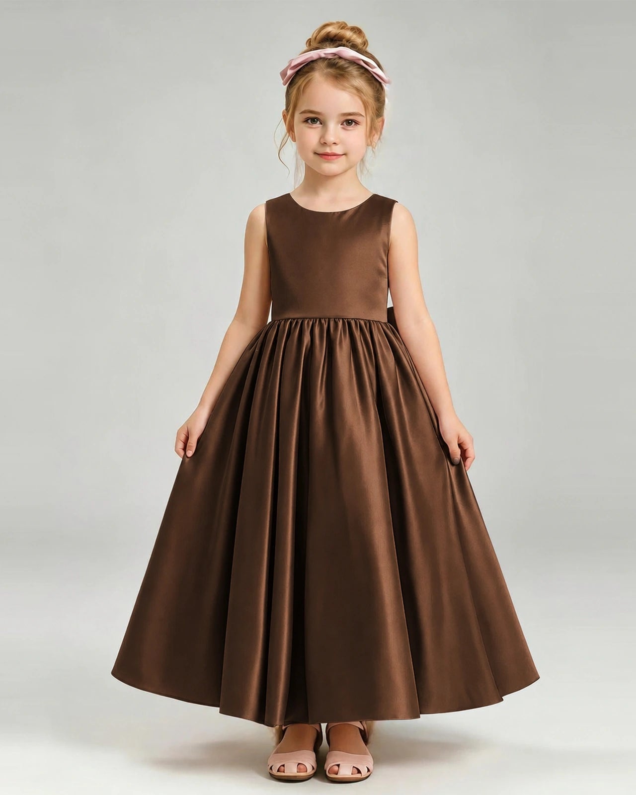 Chocolate Flower Girl Dress Cutout Back Oversized Satin Bow A-Line Floor-Length Gown Front Full View