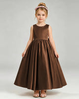Chocolate Satin A-line Flower Girl Dress Front View