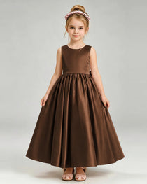 Chocolate Flower Girl Dress Cutout Back Oversized Satin Bow A-Line Floor-Length Gown Front Full View