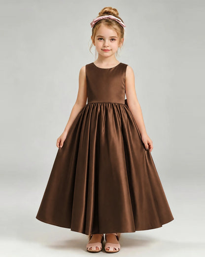 Chocolate Flower Girl Dress Cutout Back Oversized Satin Bow A-Line Floor-Length Gown Front Full View