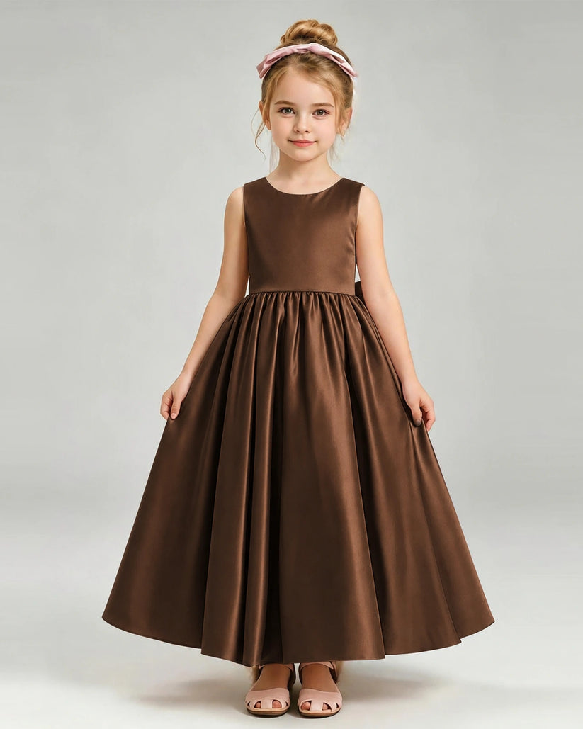 Chocolate Satin A-line Flower Girl Dress Front View