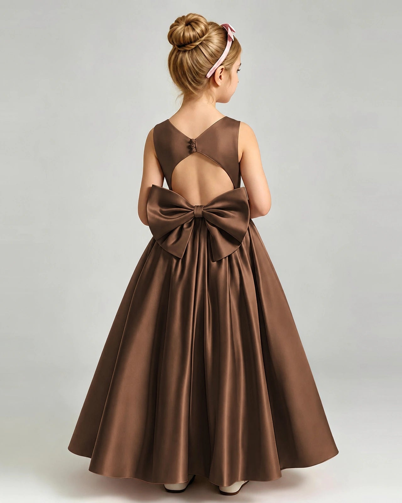 Chocolate Flower Girl Dress Cutout Back Oversized Satin Bow A-Line Floor-Length Gown Back Full View