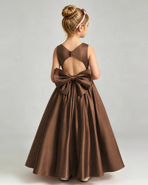 Chocolate Flower Girl Dress Cutout Back Oversized Satin Bow A-Line Floor-Length Gown Back Full View