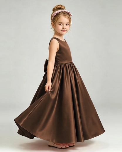 Chocolate Flower Girl Dress Cutout Back Oversized Satin Bow A-Line Floor-Length Gown Side Full View