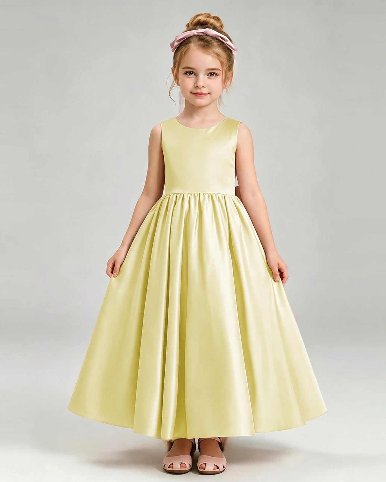 Daffodil Flower Girl Dress Cutout Back Oversized Satin Bow A-Line Floor-Length Gown Front Full View