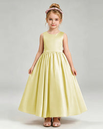 Daffodil Flower Girl Dress Cutout Back Oversized Satin Bow A-Line Floor-Length Gown Front Full View