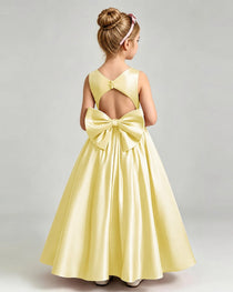 Daffodil Flower Girl Dress Cutout Back Oversized Satin Bow A-Line Floor-Length Gown Back Full View