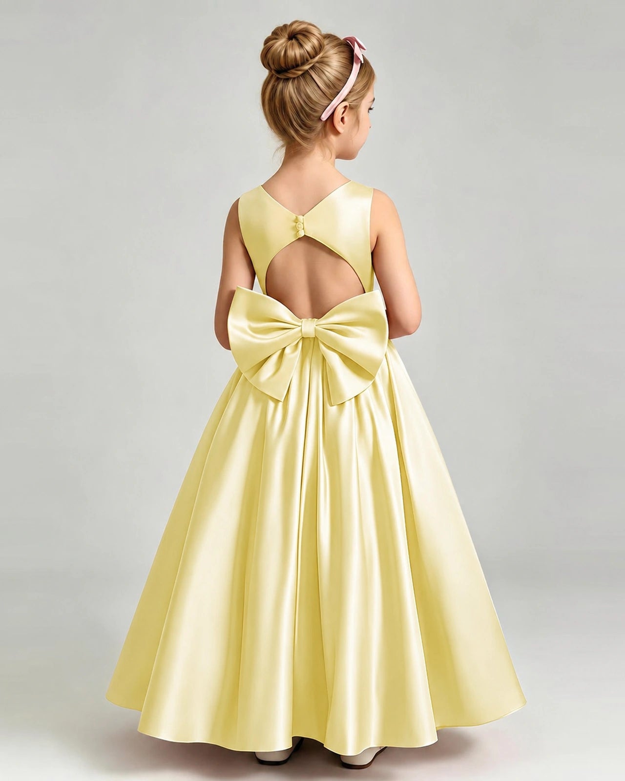 Daffodil Flower Girl Dress Cutout Back Oversized Satin Bow A-Line Floor-Length Gown Back Full View