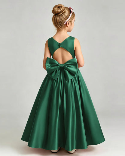 Dark Green Flower Girl Dress Cutout Back Oversized Satin Bow A-Line Floor-Length Gown Back Full View