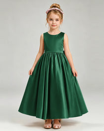 Dark Green Flower Girl Dress Cutout Back Oversized Satin Bow A-Line Floor-Length Gown Front Full View
