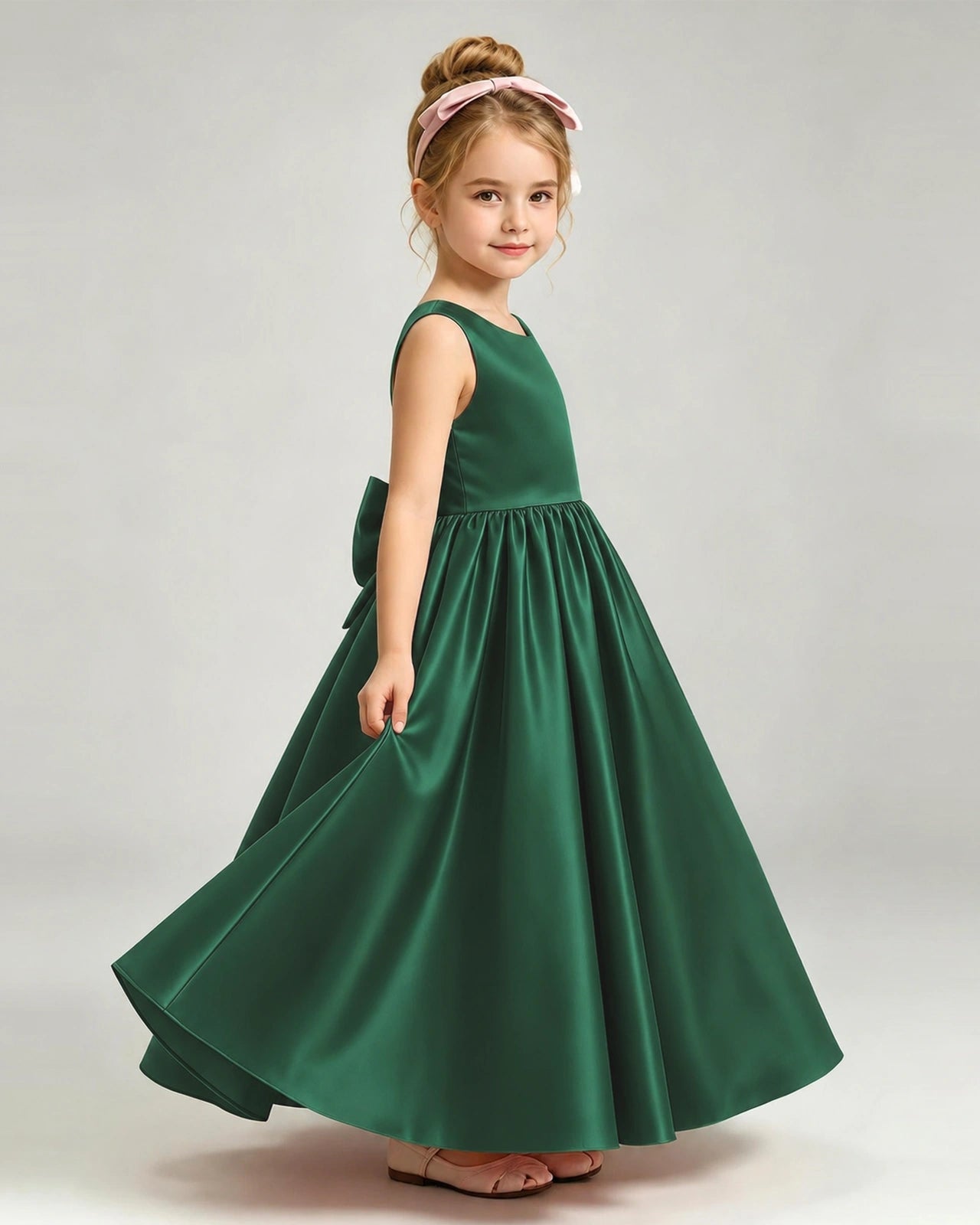 Dark Green Flower Girl Dress Cutout Back Oversized Satin Bow A-Line Floor-Length Gown Side Full View