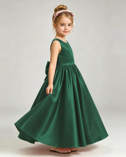 Dark Green Flower Girl Dress Cutout Back Oversized Satin Bow A-Line Floor-Length Gown Side Full View