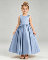 Dusty Blue Satin A-line Flower Girl Dress Front View