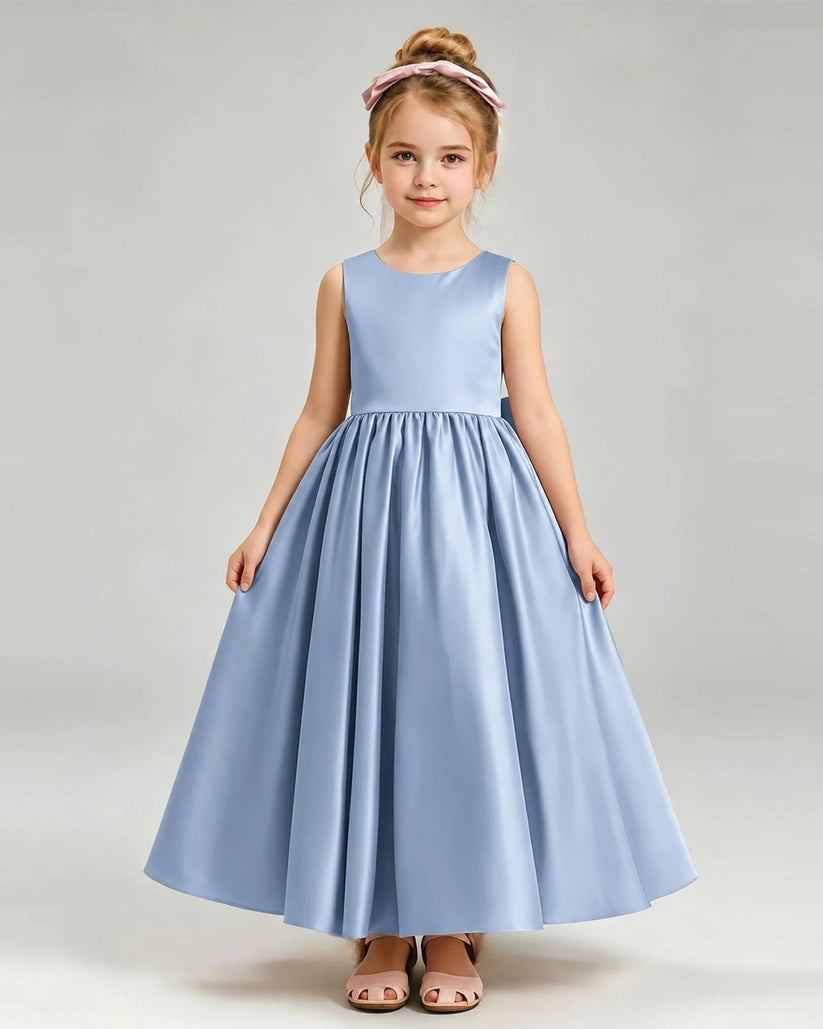 Dusty Blue Satin A-line Flower Girl Dress Front View