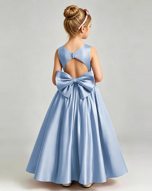 Dusty Blue Satin A-line Flower Girl Dress Back View