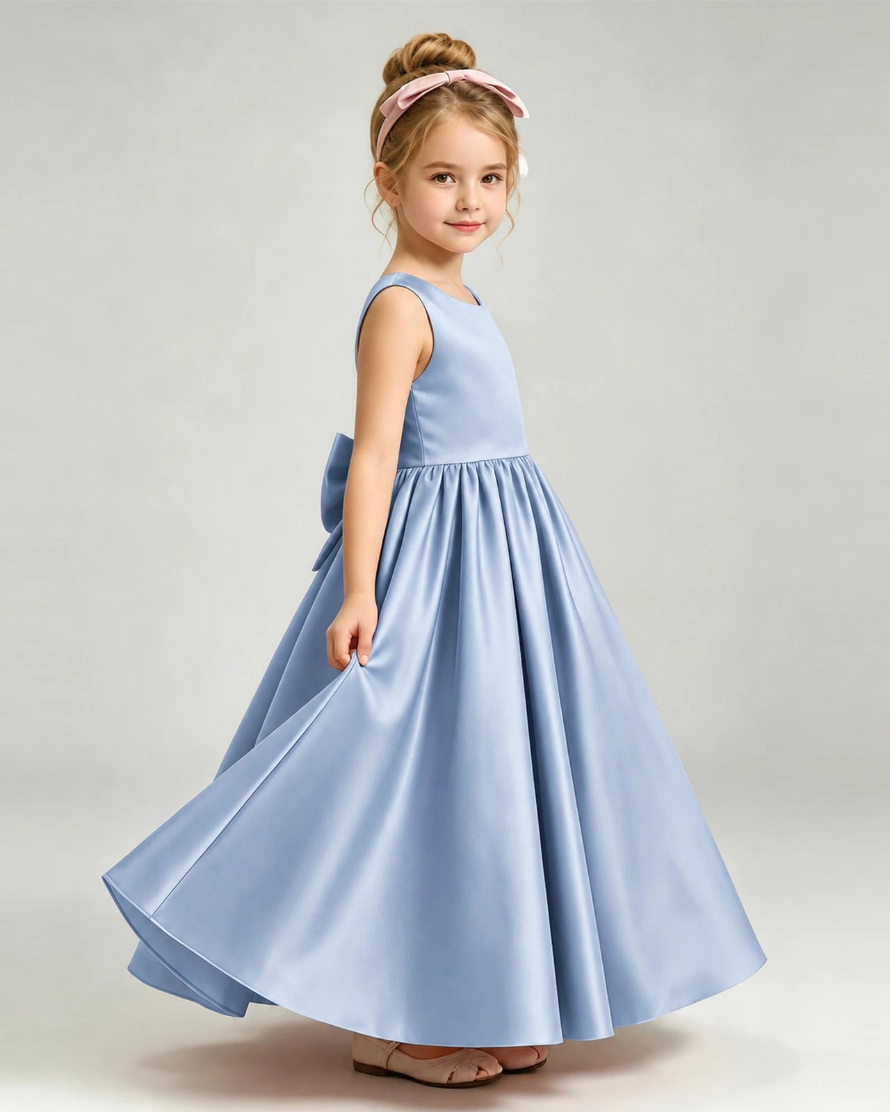 Dusty Blue Flower Girl Dress Cutout Back Oversized Satin Bow A-Line Floor-Length Gown Side Full View