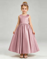 Dusty Rose Satin A-line Flower Girl Dress Front View