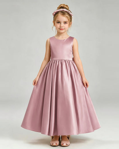 Dusty Rose Flower Girl Dress Cutout Back Oversized Satin Bow A-Line Floor-Length Gown Front Full View