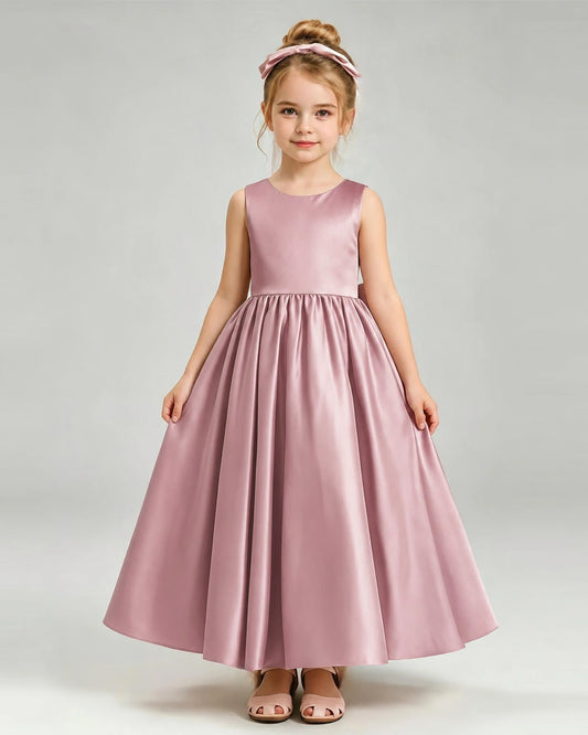 Dusty Rose Satin A-line Flower Girl Dress Front View