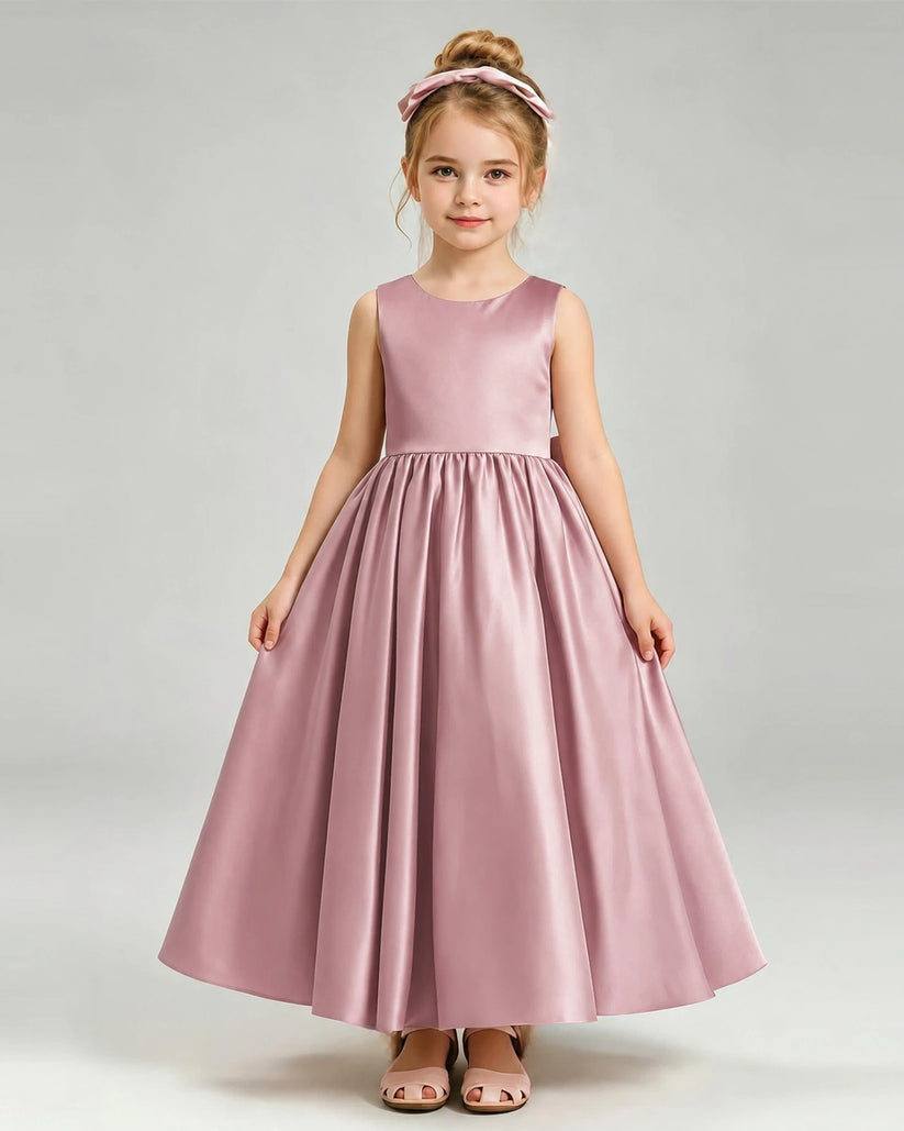 Dusty Rose Satin A-line Flower Girl Dress Front View
