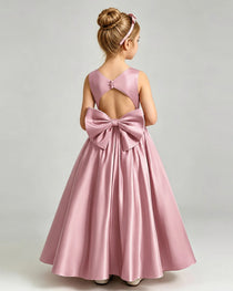 Dusty Rose Flower Girl Dress Cutout Back Oversized Satin Bow A-Line Floor-Length Gown Back Full View
