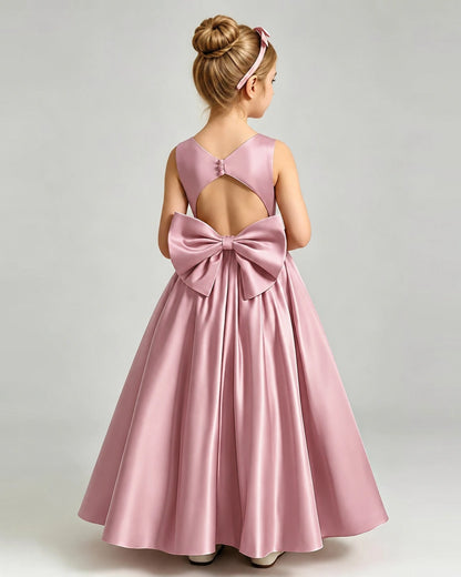 Dusty Rose Flower Girl Dress Cutout Back Oversized Satin Bow A-Line Floor-Length Gown Back Full View