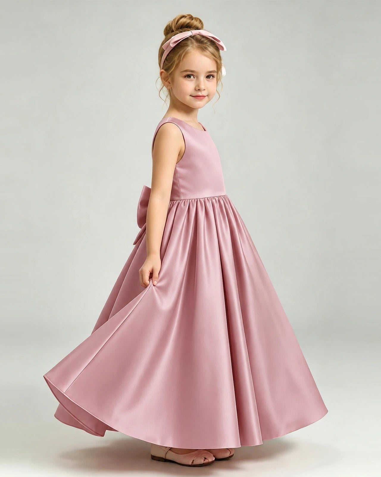 Dusty Rose Flower Girl Dress Cutout Back Oversized Satin Bow A-Line Floor-Length Gown Side Full View