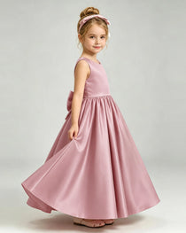 Dusty Rose Flower Girl Dress Cutout Back Oversized Satin Bow A-Line Floor-Length Gown Side Full View